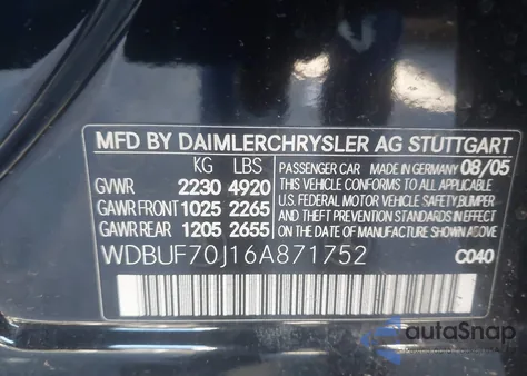2006 Mercedes-Benz E 500 from USA, damaged, VIN WDBUF70J16A871752